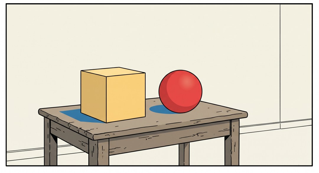 Kubus en Bol op tafel
